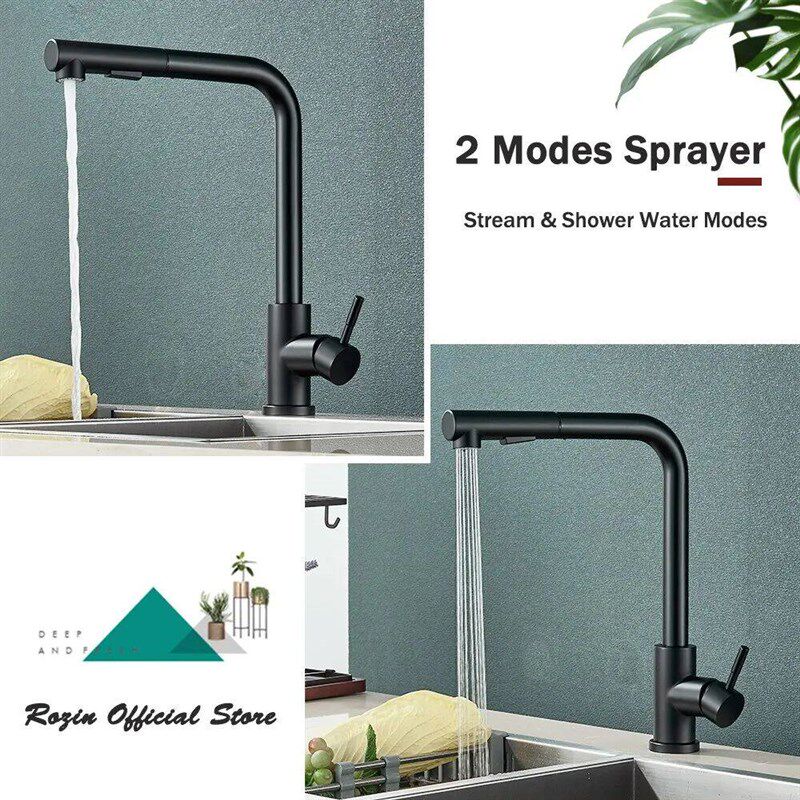 Black Pull Out Kitchen Sink Faucet Flexible 2 Modes Sream &
