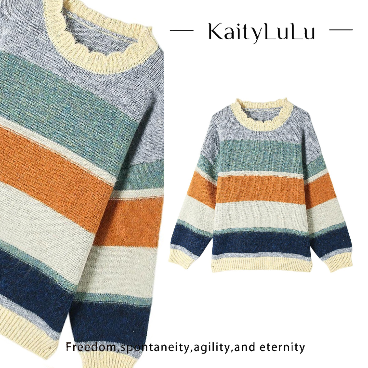 KaityLuLu【木羽海报】 花边领彩条套头毛衣KT903D029