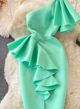 Kimutomo Elegant Solid Ruffles Stitching Sloping Shoulders