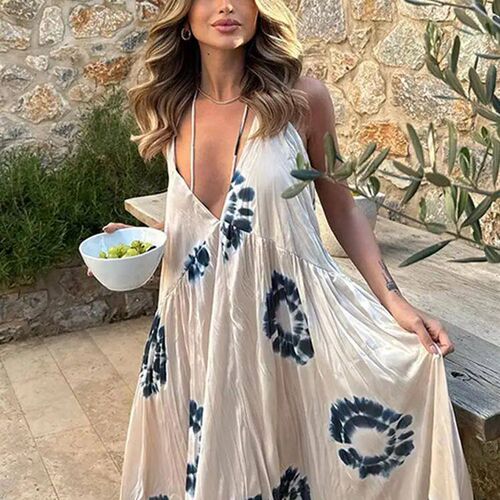 Printed Beach Women Dress Sexy Backless Sleeveless Reched Fe
