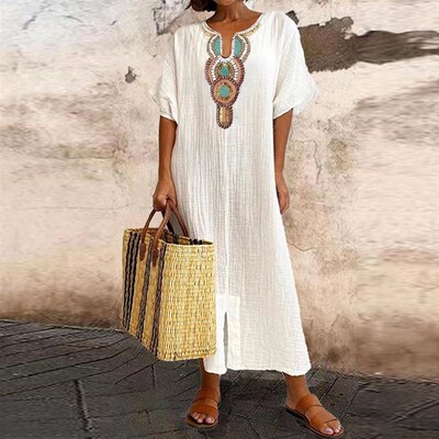 Cotton Linen Dress for Women  Casual Pullover Elegant Midi