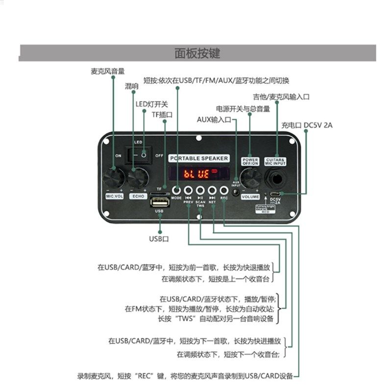 3.7vmp3内置小功放板卡拉OK彩灯功能大功率声道广场舞主板
