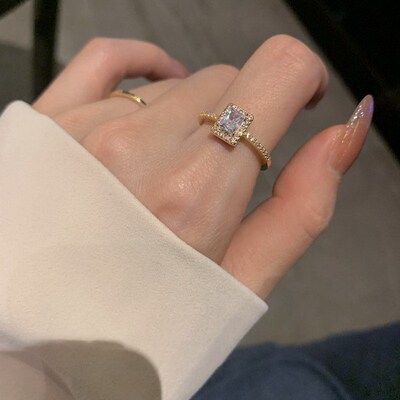 Classic Moissanite Wedding Engagement Square Lucky Ring for