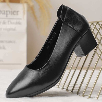 Womens Casual Shoes Soft Leather Thick Heel Pointed Profess