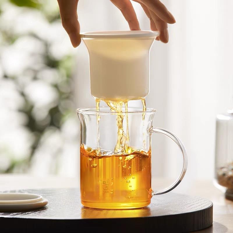 鸣盏玻璃泡茶杯MZ8019羊脂瓷玉滤水胆茶分离办公陶瓷花男茶杯女士