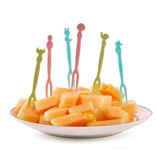 A set of disposable plastic fruit forks, with a two-pronged