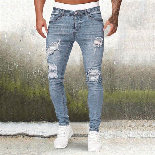 Mens pants with holes, worn white denim pants, small leg