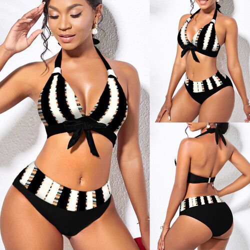 Women Point Striped Print High-Waist Bikini Sets Swimsuit Fe