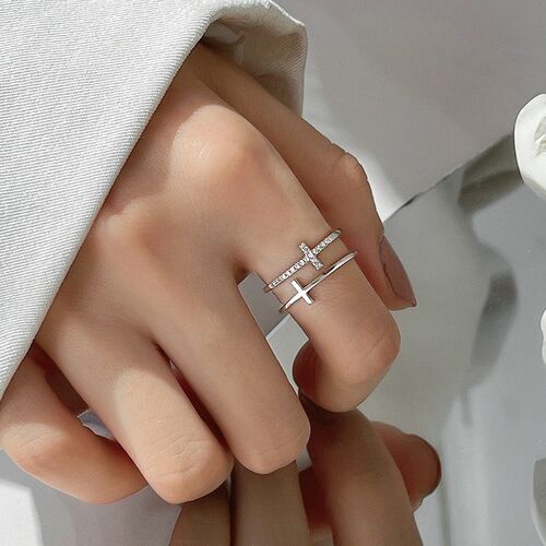 Silver Color Double Cross Flashing Zircon Open Rings for Wom