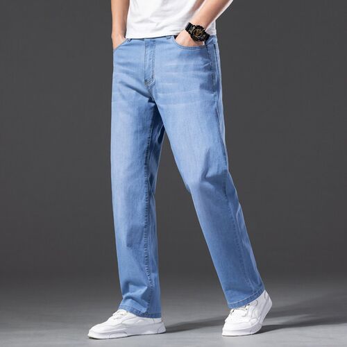 Men Jeans Classic Summer Lyocell Cotton Straight Stretch Bra