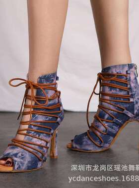 个性紫色牛仔布女式成人拉丁伦巴Heels现代爵士salsa软底舞靴