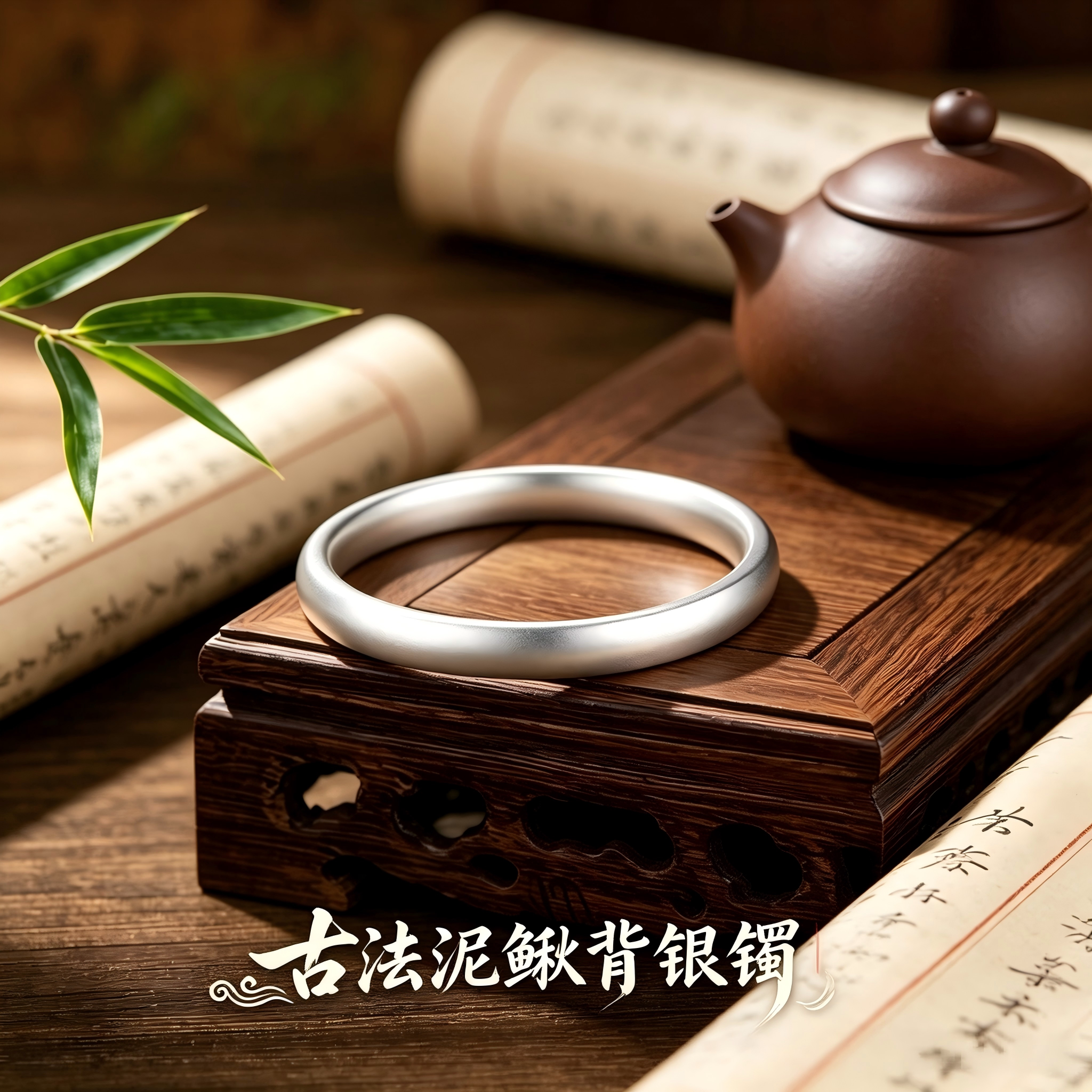 足银999古法素圈泥鳅背银手镯银饰手镯