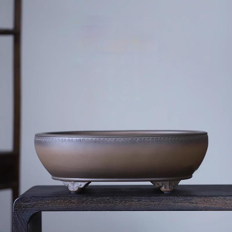 宜兴紫砂花盆紫泥仿古简约椭圆形中号透气杜鹃松柏盆景张氏专用盆