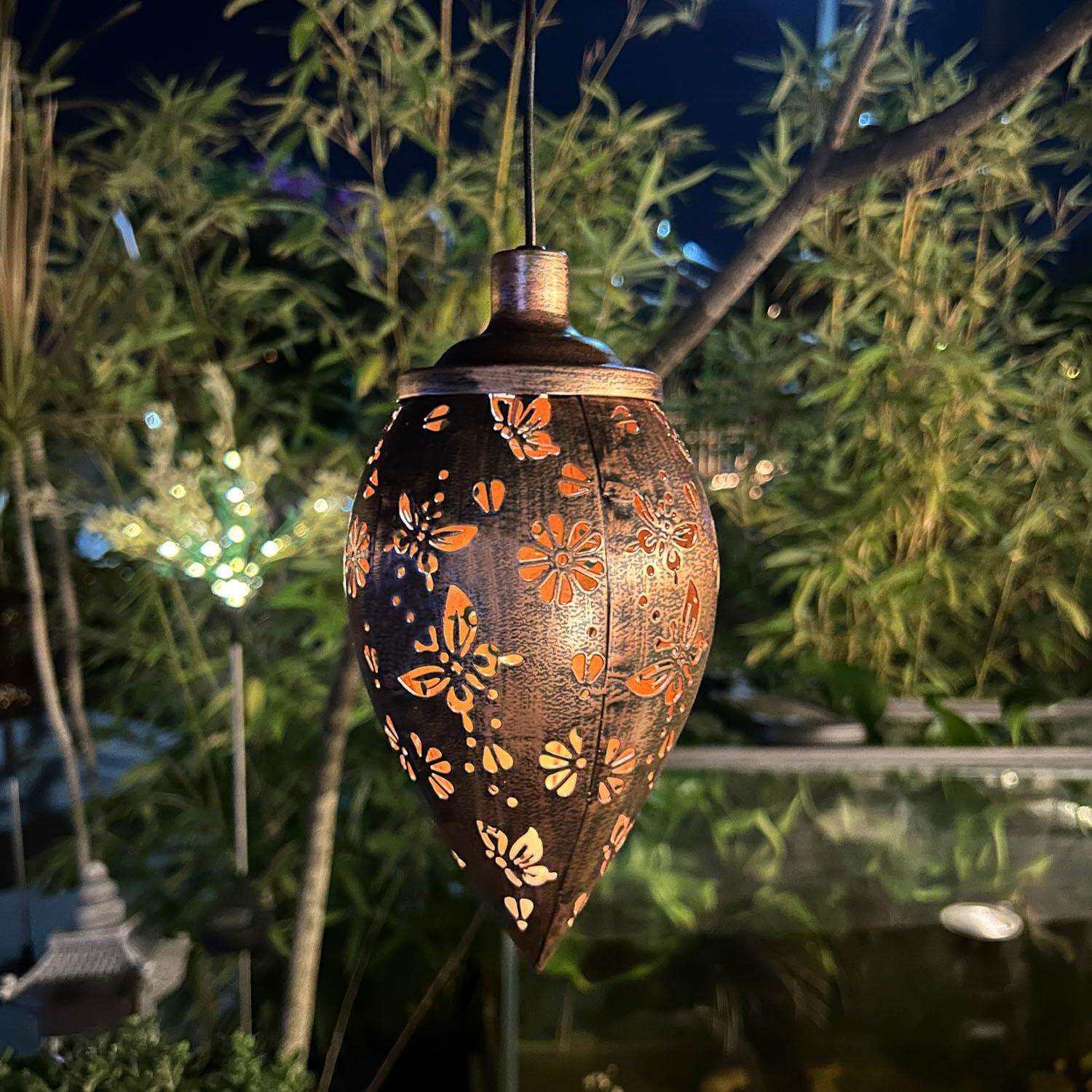 悬挂式水滴太阳能灯蝴蝶花园防水庭院装饰草坪小径挂灯铁艺工艺品