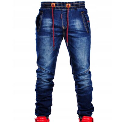 Mens New Large-Size Jeans Elasticize Waist Tie Slim Casual