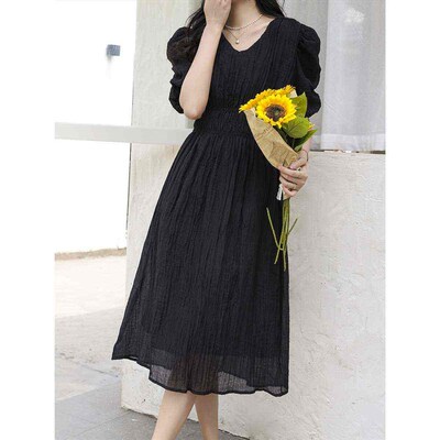 Thirteen-line Womens Elegant Puff Sleeve Tencel Wrinkle V-n