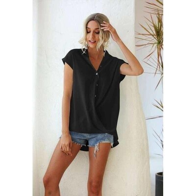 New Arrival Women Solid Shirt  Deep V Neck Chiffon Button Bl