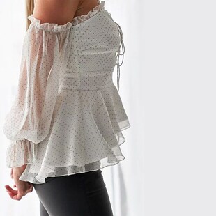 Women Lace Backless Sleeve Long Shirts Ruffles Sexy New