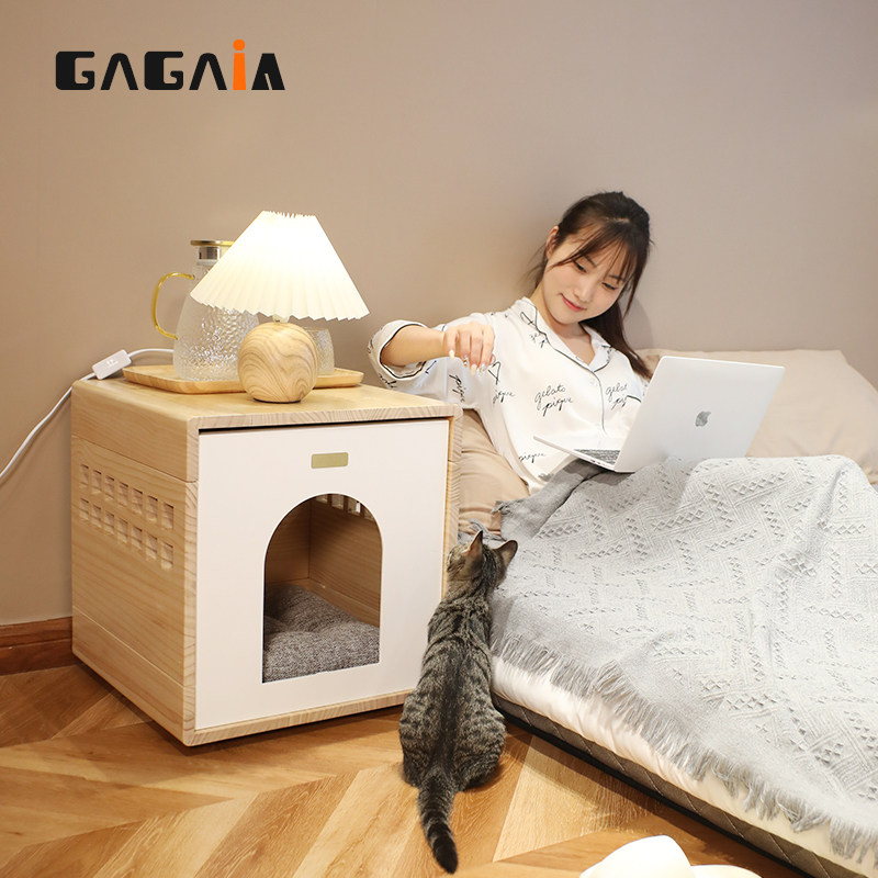 猫咪床头柜猫窝一体封闭式带门实木猫别墅人猫共用宠物猫床躲避屋