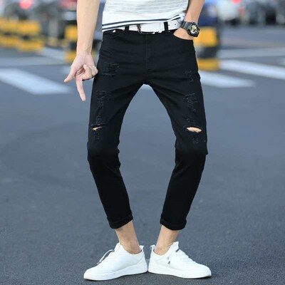 Summer High-elastic Boys Pure Black Ripped Jeans Stetch Slim