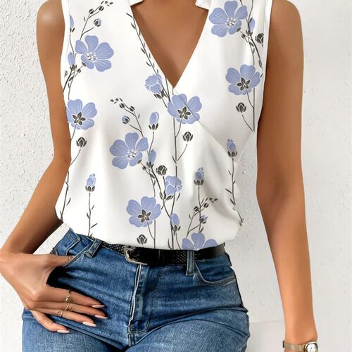 Fashion Stand Neck Sleeveless Women Tops And Blouses Floral