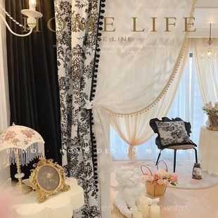 黑色绒布复古提花杨梅树新款法式窗帘布加厚遮光成品客厅卧室窗帘