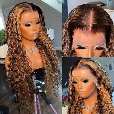 30 34 Inch Highlight Ombre Lace Front Wig Curly Human Hair W