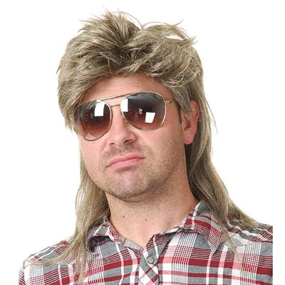 Hot Mens Wig Halloween 80s Role Play Mullet Brown Curly Cos