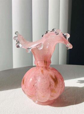 爆款中古玻璃花瓶温柔水滴芬顿雾粉洒金肌理小众复古手工琉璃花器