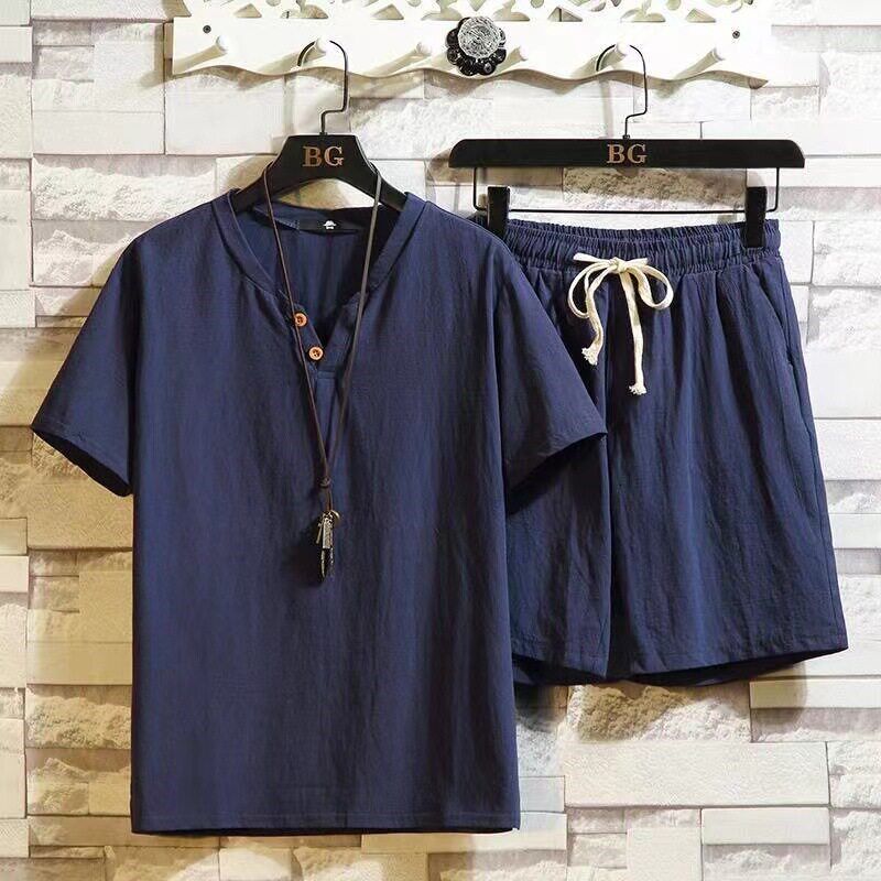 Factory Cotton And Lines Short Sleeve Shorts Set Mens Chine - 实物图