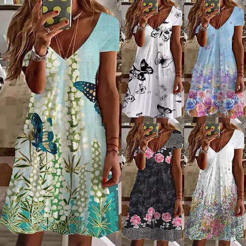 Spring Summer Womens Flower Butterfly Print V Neck A Line