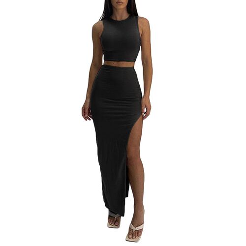 Women Summer 2 Pieces Outfits Solid Color Crew Neck Sleevele