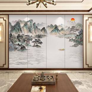 新中山水刺绣硬包背景店墙电视客厅餐厅壁布卧室酒床RVD头壁式画