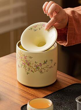 网红款紫花茶客渣缸水盂烟陶瓷烟缸灰缸大号72327家用厅茶道藤配