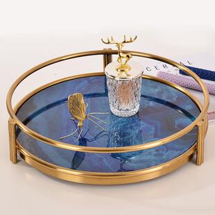 欧式现代不锈钢玻璃收纳托盘家居装饰摆件圆盘蓝玛瑙金属工艺品