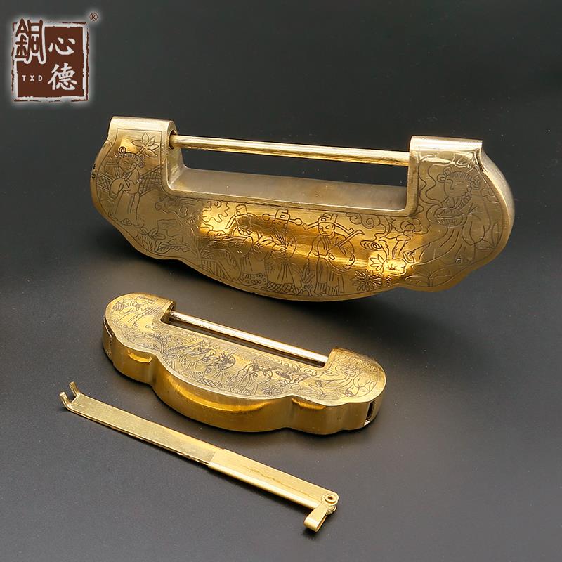 黄铜古董老式通用型小铜锁古代横开挂锁插销锁头婚庆仿古铜锁家用