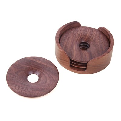 4Pcs Wooden Round Coaster with Holder Storage Rack Heat-Resi