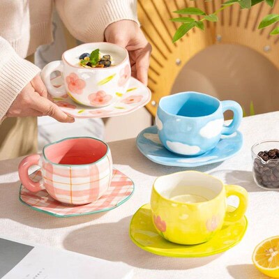 300ML Cute Hand Pinched Irregular Ceramic mug Flower Heart P