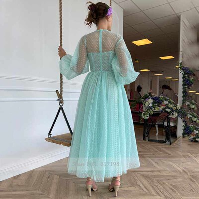 High Neck Long Sleeve Mint Green Tea Length Buttons Prom Dre