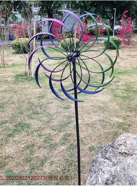 亚马逊热销户外花园装饰金属工艺品双层旋转彩虹铁艺风车落地插件