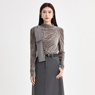 米诗薇丝绒衬衫法式飘带优雅气质修身显瘦半高领褶皱别致上衣女