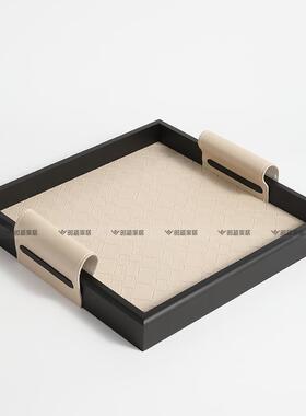 现代轻奢首饰玄关收纳盘子中古高档黑色皮革香薰托盘法式饰品摆件