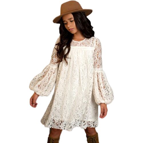 Girls Lace Long Sleeve Pink White Dress Baby Kids Bohemia El