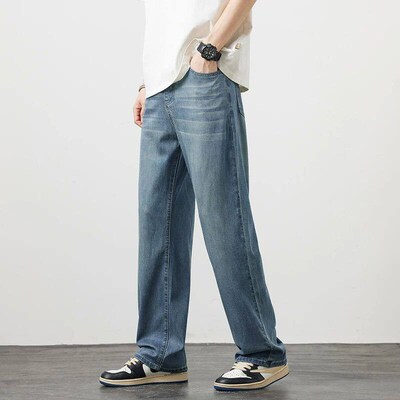 Summer Thin Mens Lyocell Loose Straight Jeans Soft Drape