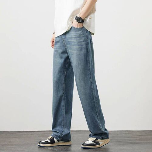 Summer Thin Mens Lyocell Loose Straight Jeans Soft Drape