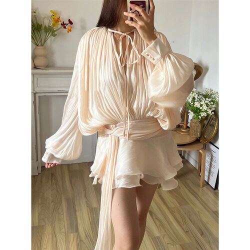 TWOTWINSTYLE Solid Blouse Mini Dresses For Women V Neck