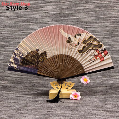 1Pcs Vintage Silk Folding Fan Chinese Japanese Tassel Bamboo