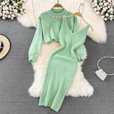Celebrity O Neck High Waist Sweater Two-piece Hot Girl Knitt