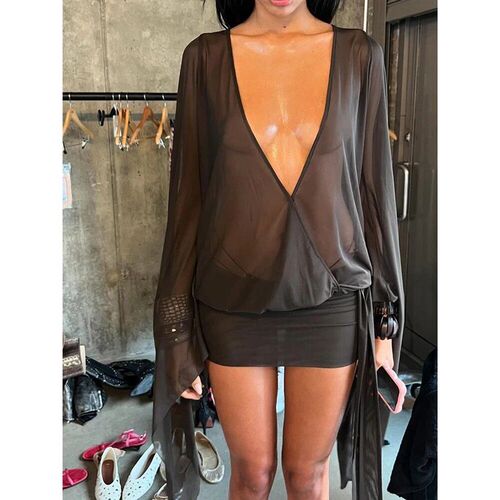 kliou Meh Irregular Women Dre  See Through Chic Long Sleeve