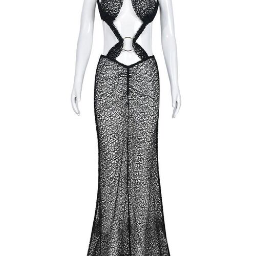 Joskaa Black Evening Hollow Out Knitted Maxi Dress Women